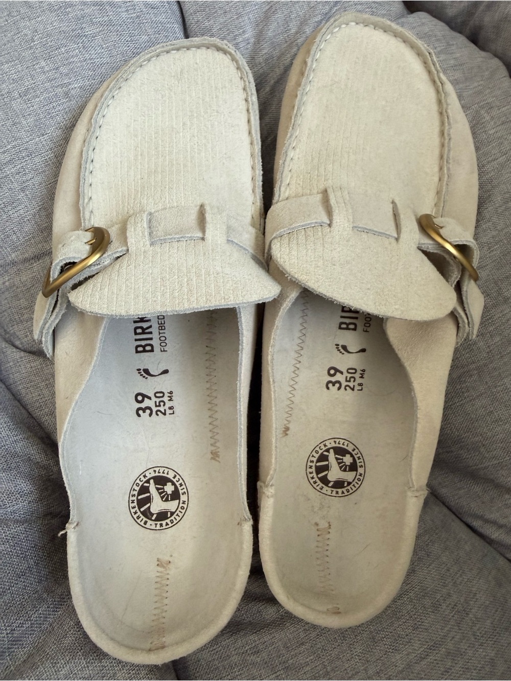 Birkenstock Buckley Corduroy Clogs in Antique White Suede